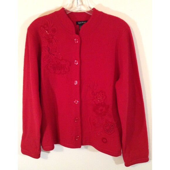 Vtg Cardigan Sweater Wmn M Red 100% Wool Floral Embroidered Grandma Cottage Y2K - Picture 3 of 12